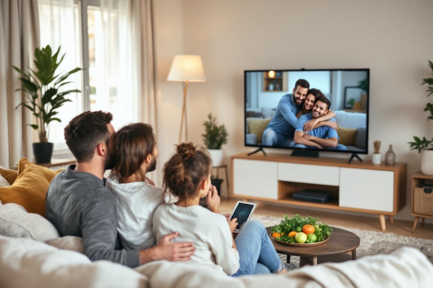 Parents et enfant sur un canap&eacute;, &eacute;cran affichant une image familiale