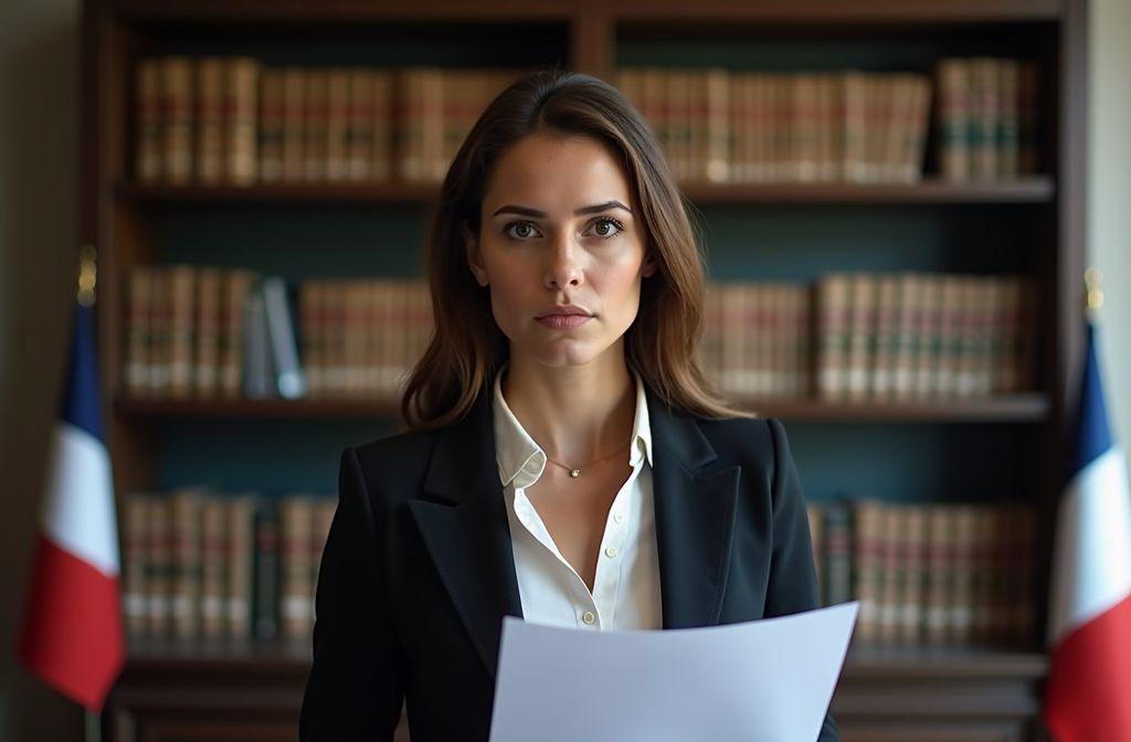 Femme s&eacute;rieuse en tailleur devant une biblioth&egrave;que fran&ccedil;aise