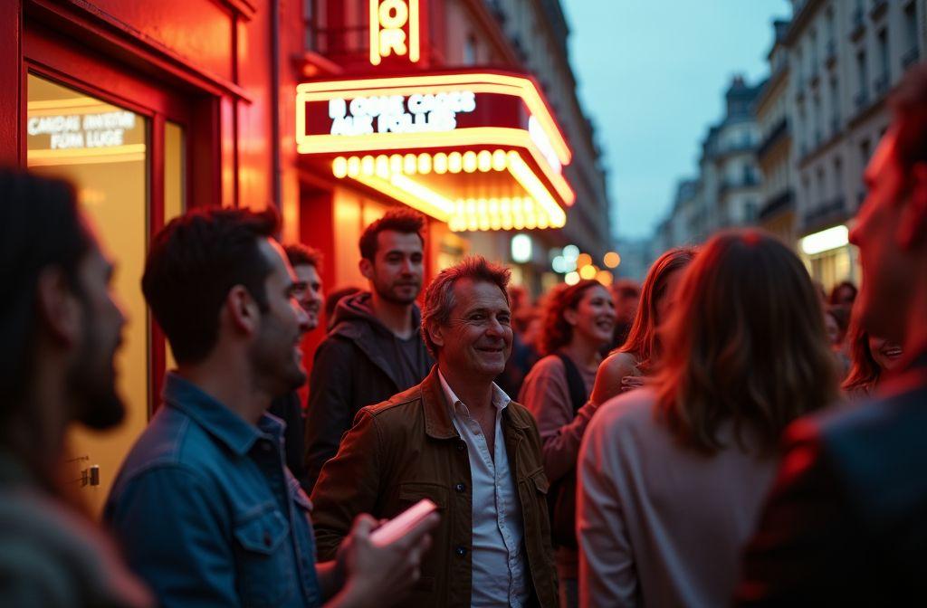 Foule urbaine devant un cin&eacute;ma illumin&eacute; la nuit