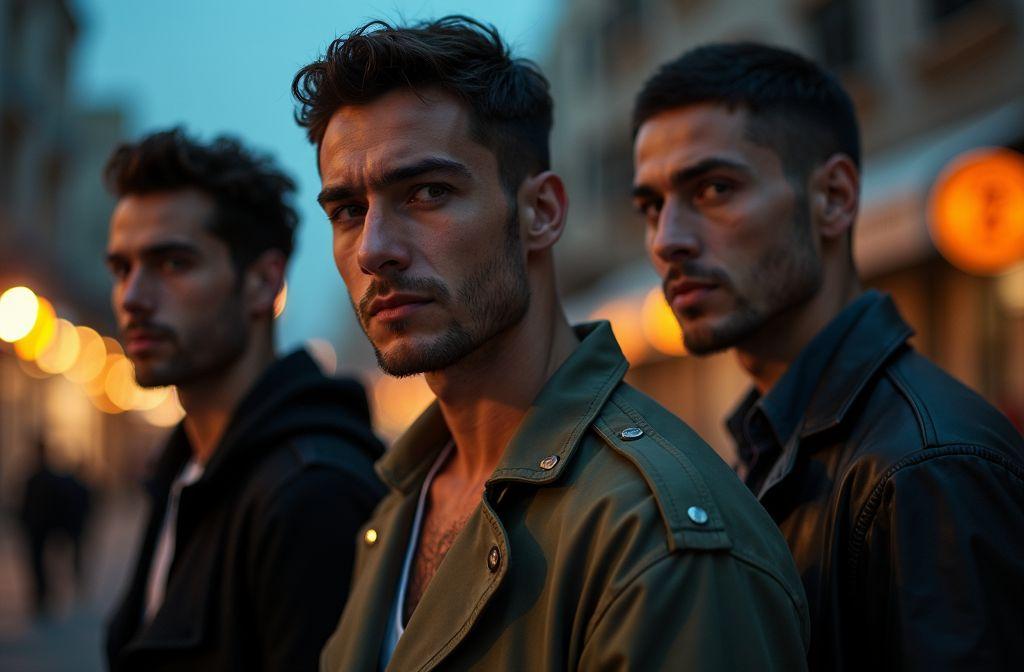 Trois hommes sérieux de profil, éclairage urbain nocturne