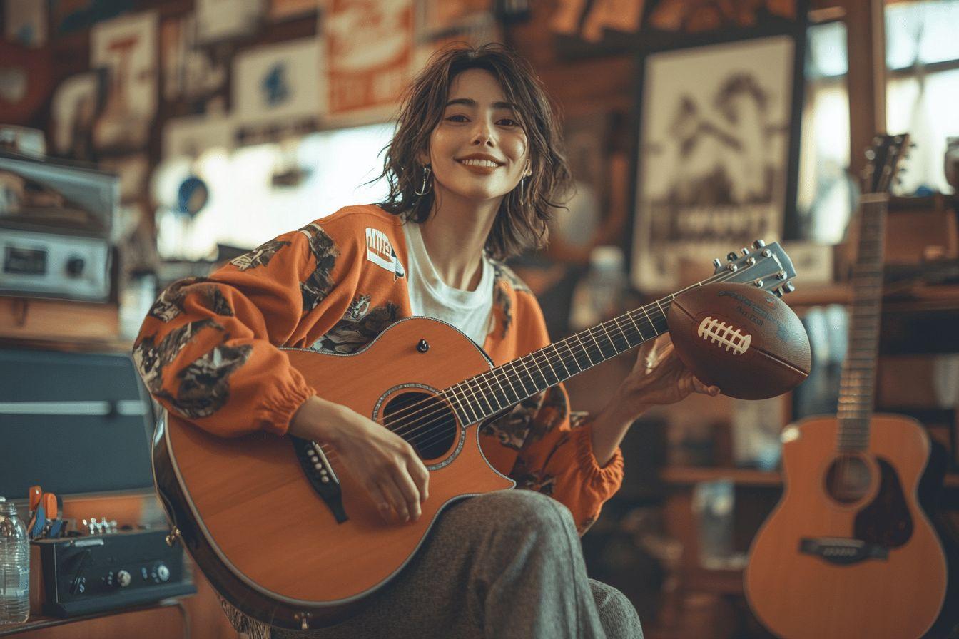 Jeune femme joyeuse jouant de la guitare dans un studio