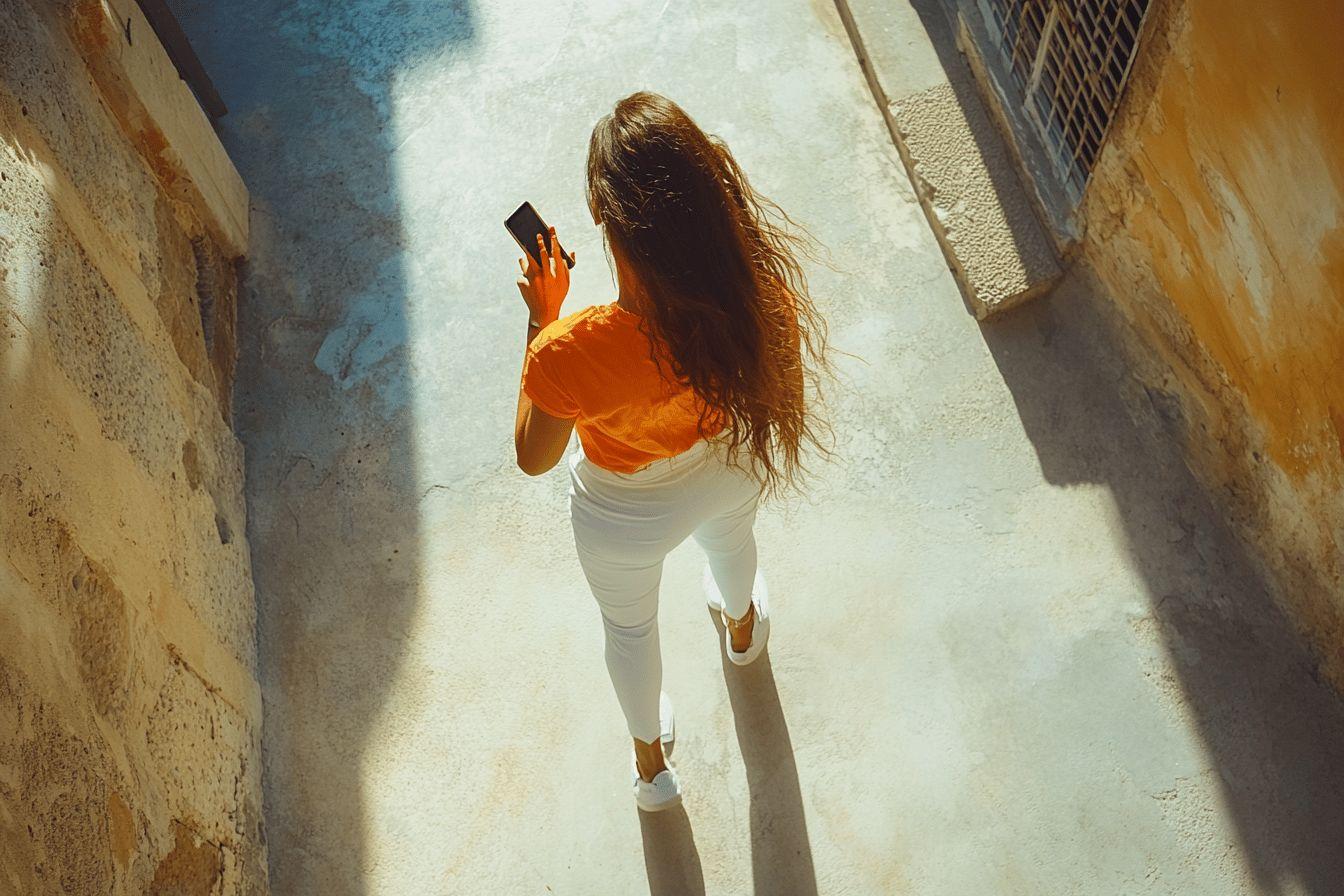 Dos d'une personne avec smartphone dans un corridor lumineux