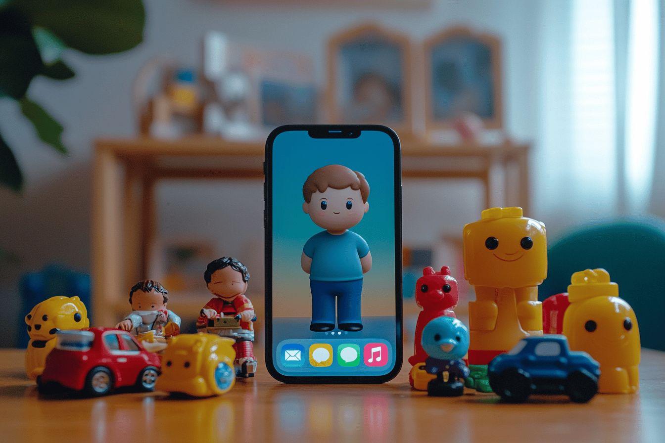 Smartphone avec personnage cartoon entour&eacute; de figurines color&eacute;es