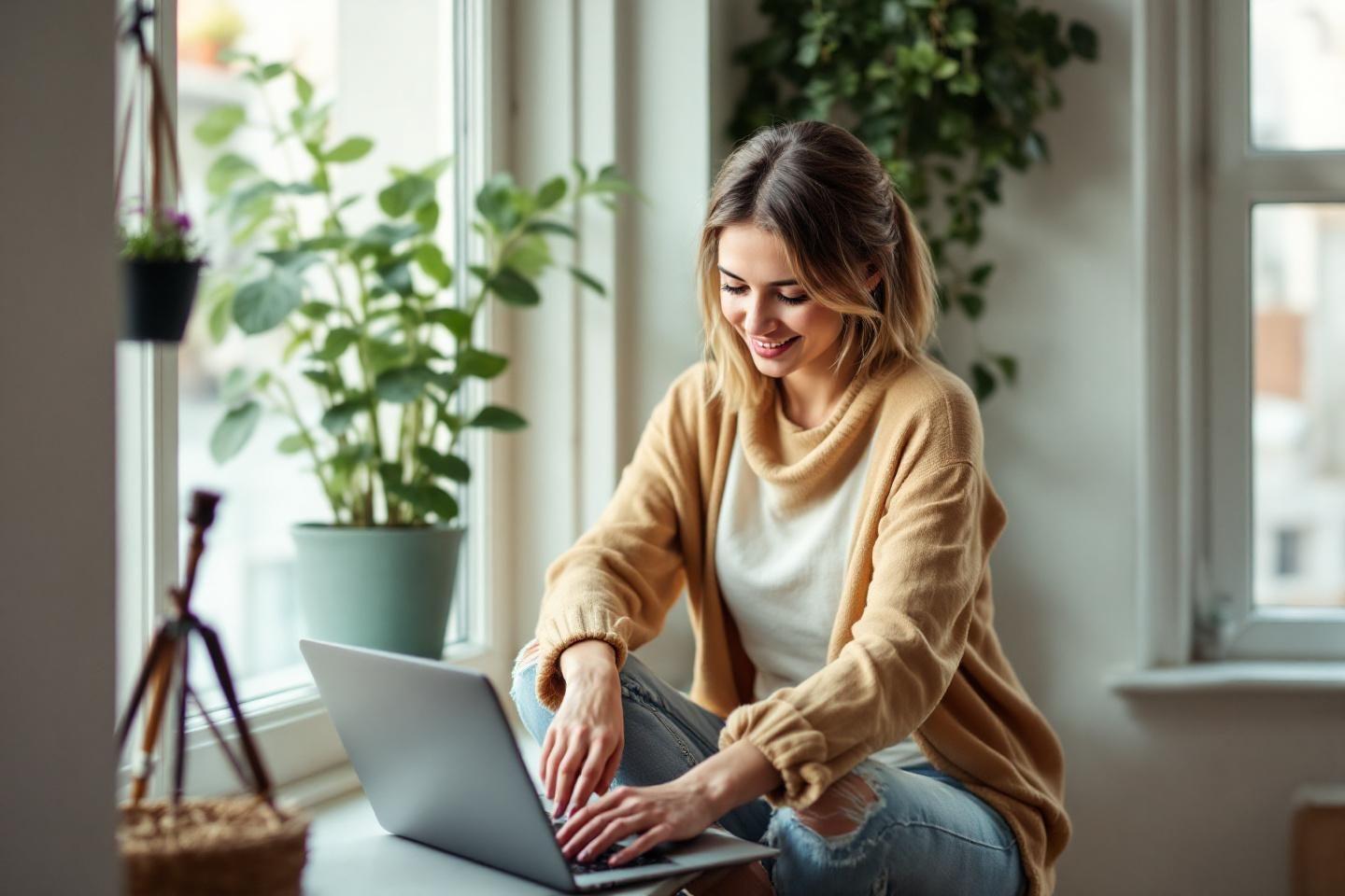 Femme souriante travaillant sur ordinateur portable pr&egrave;s des fen&ecirc;tres
