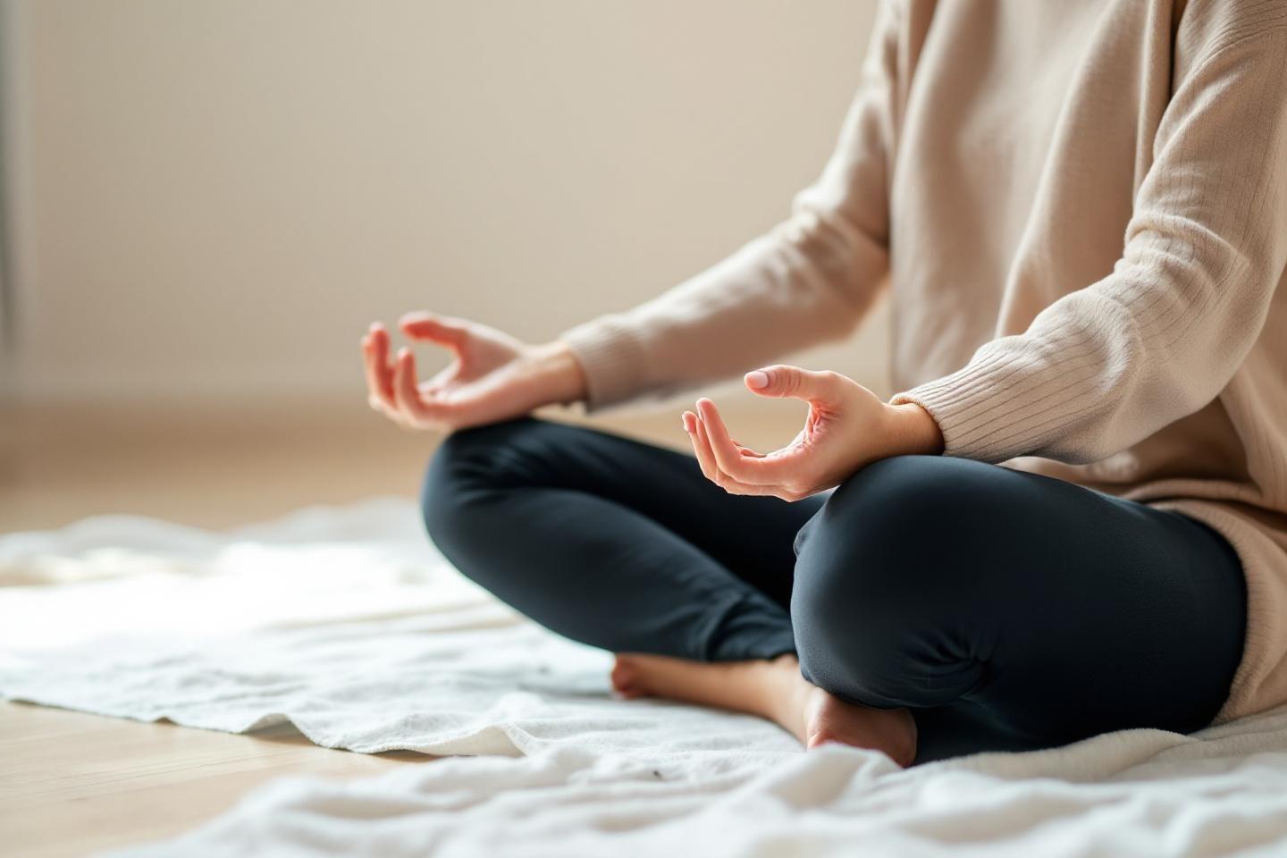 Personne m&eacute;ditant en position lotus sur une couverture claire