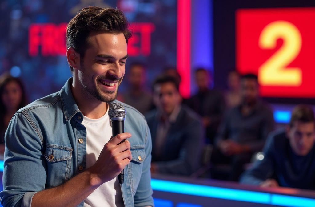 Homme riant dans un micro sur un plateau de t&eacute;l&eacute;vision