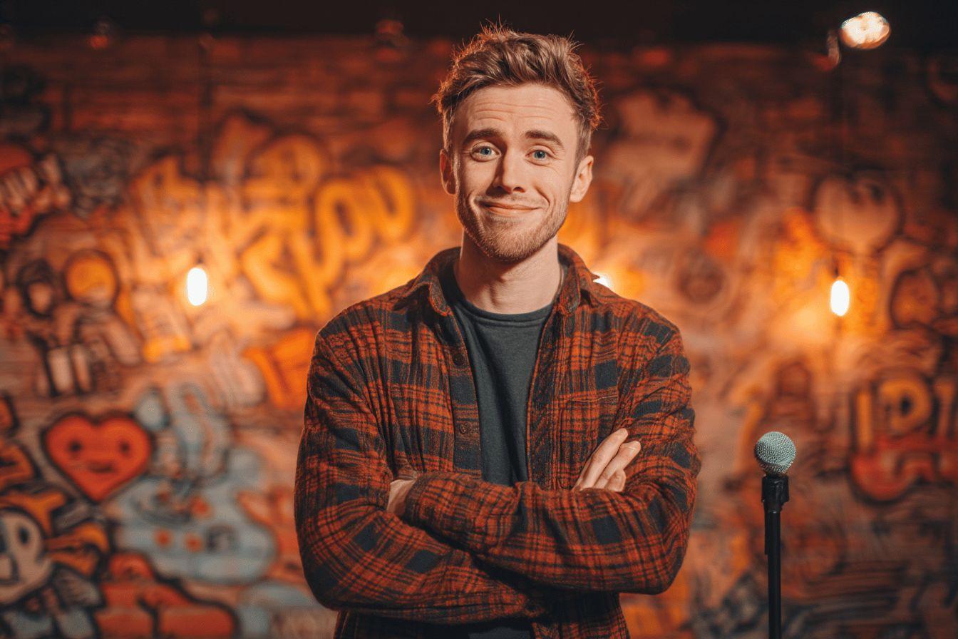 Homme en chemise &agrave; carreaux debout pr&egrave;s d'un micro