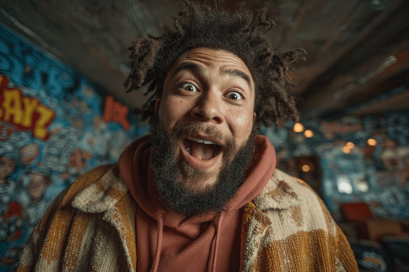 Homme aux dreadlocks souriant largement dans un environnement urbain