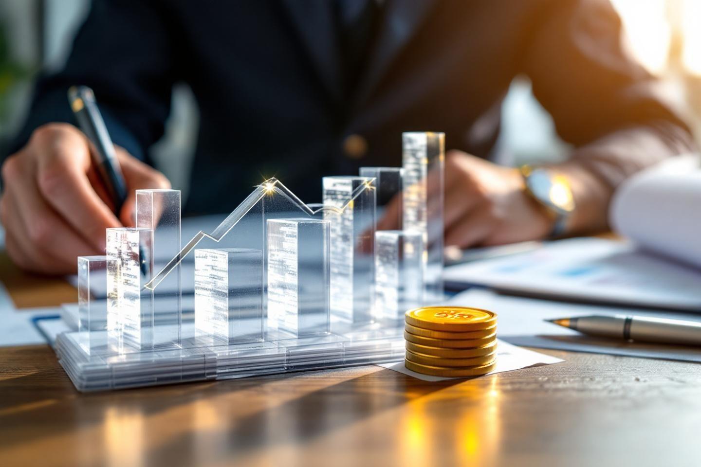 Graphique en verre avec pi&egrave;ces d'or montrant la progression des revenus