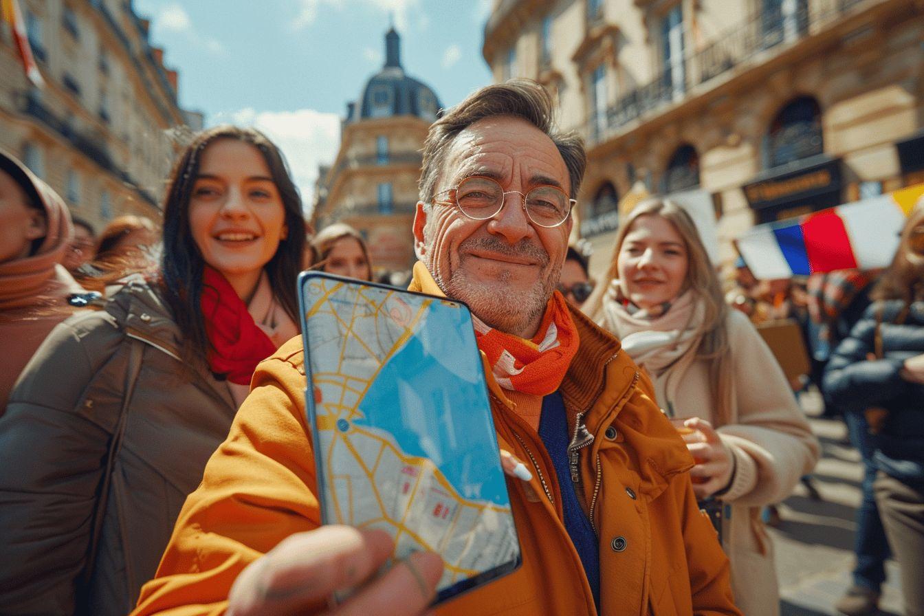 Groupe de touristes avec une carte de la ville dans une rue anim&eacute;e