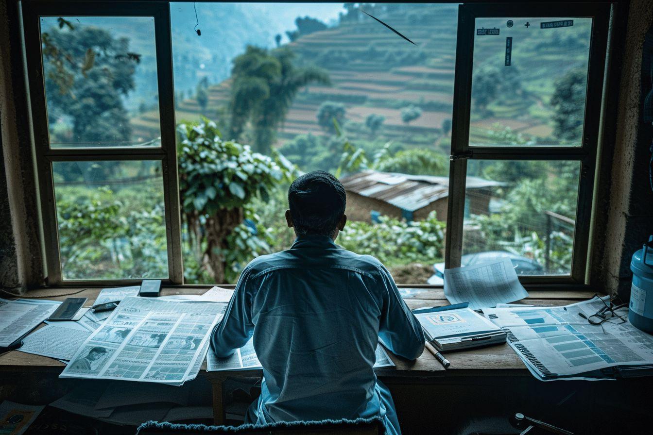 Homme travaillant &agrave; son bureau avec vue sur paysage montagneux