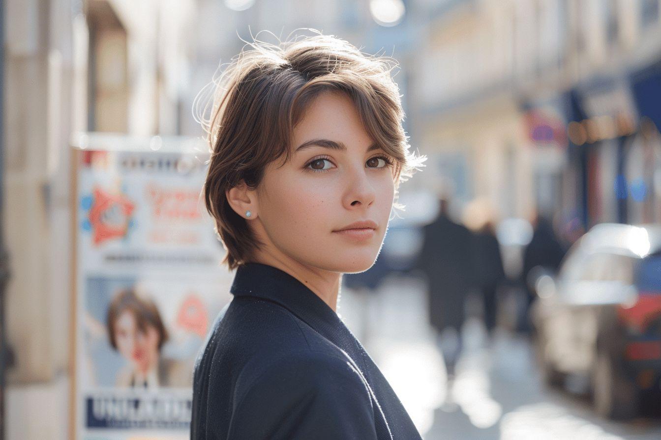 Portrait d'une jeune femme aux cheveux courts et boucl&eacute;s, regardant la cam&eacute;ra avec un air pensif.
