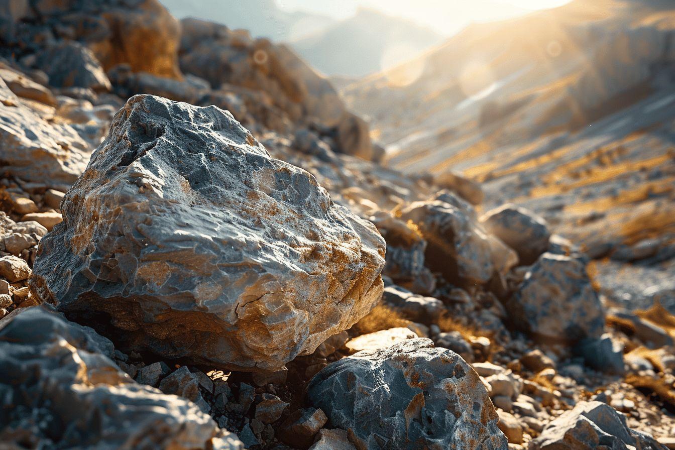 Gros rocher détaillé au milieu de pierres rocheuses éclairées