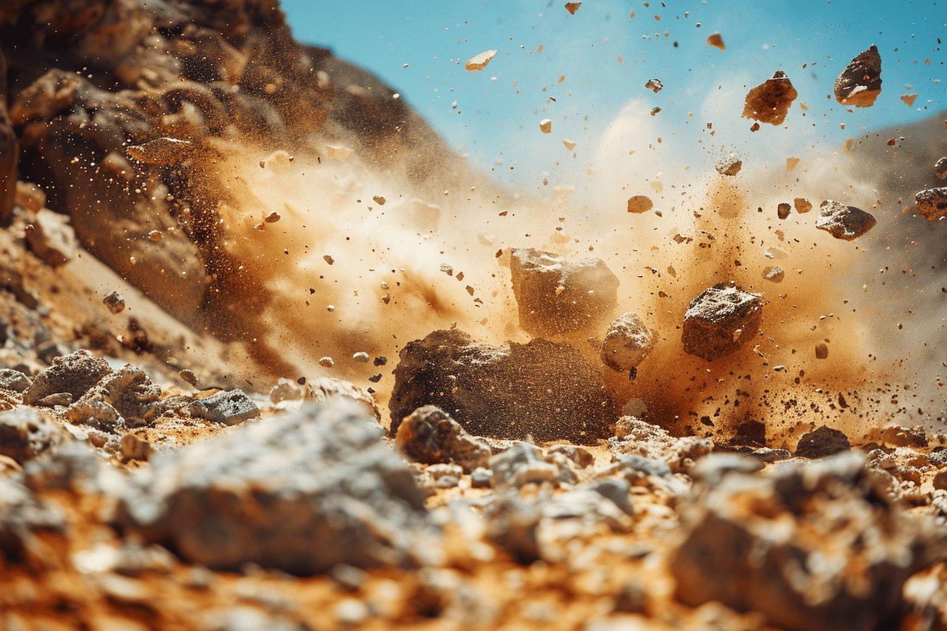 Projection de débris rocheux lors d'un dynamitage