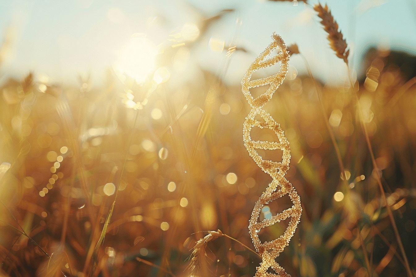 H&eacute;lice d'ADN brillante parmi des &eacute;pis de bl&eacute; dor&eacute;s