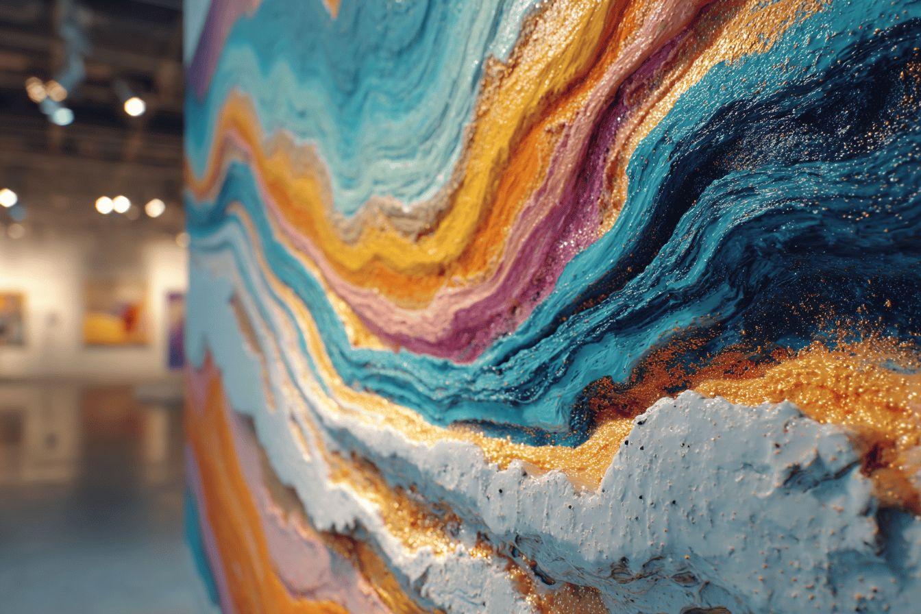 Peinture fluide aux couleurs ondulantes, texture de roche marbr&eacute;e