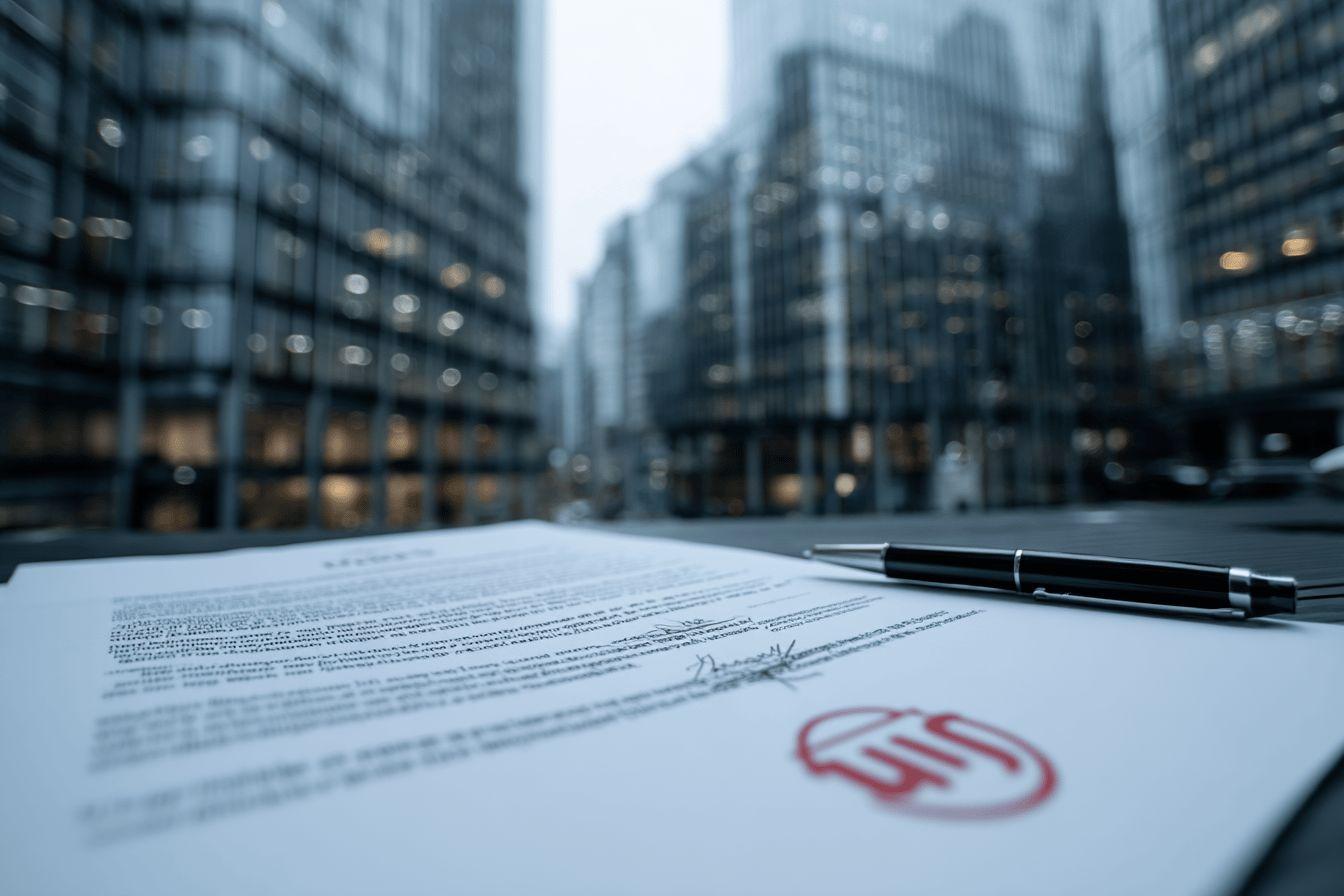 Document officiel sign&eacute; avec un stylo, immeubles de bureaux en arri&egrave;re-plan