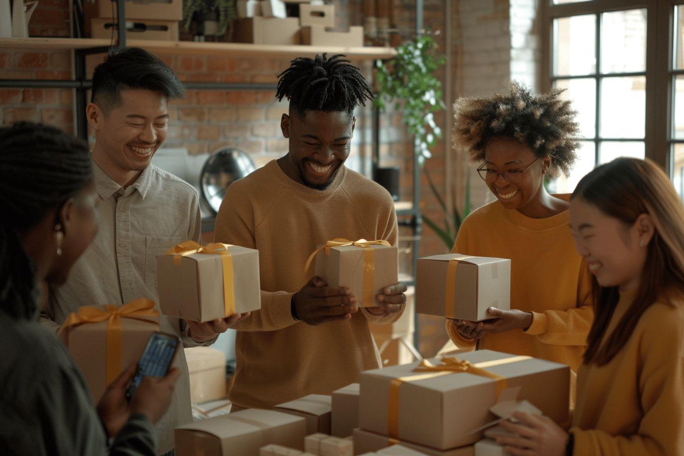 Groupe d'amis heureux ouvrant des boîtes-cadeaux dans un local