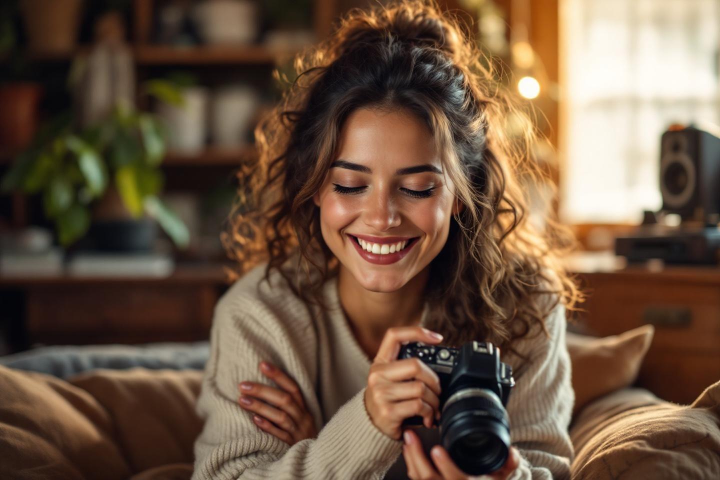Femme souriante tenant un appareil photo dans un int&eacute;rieur cosy