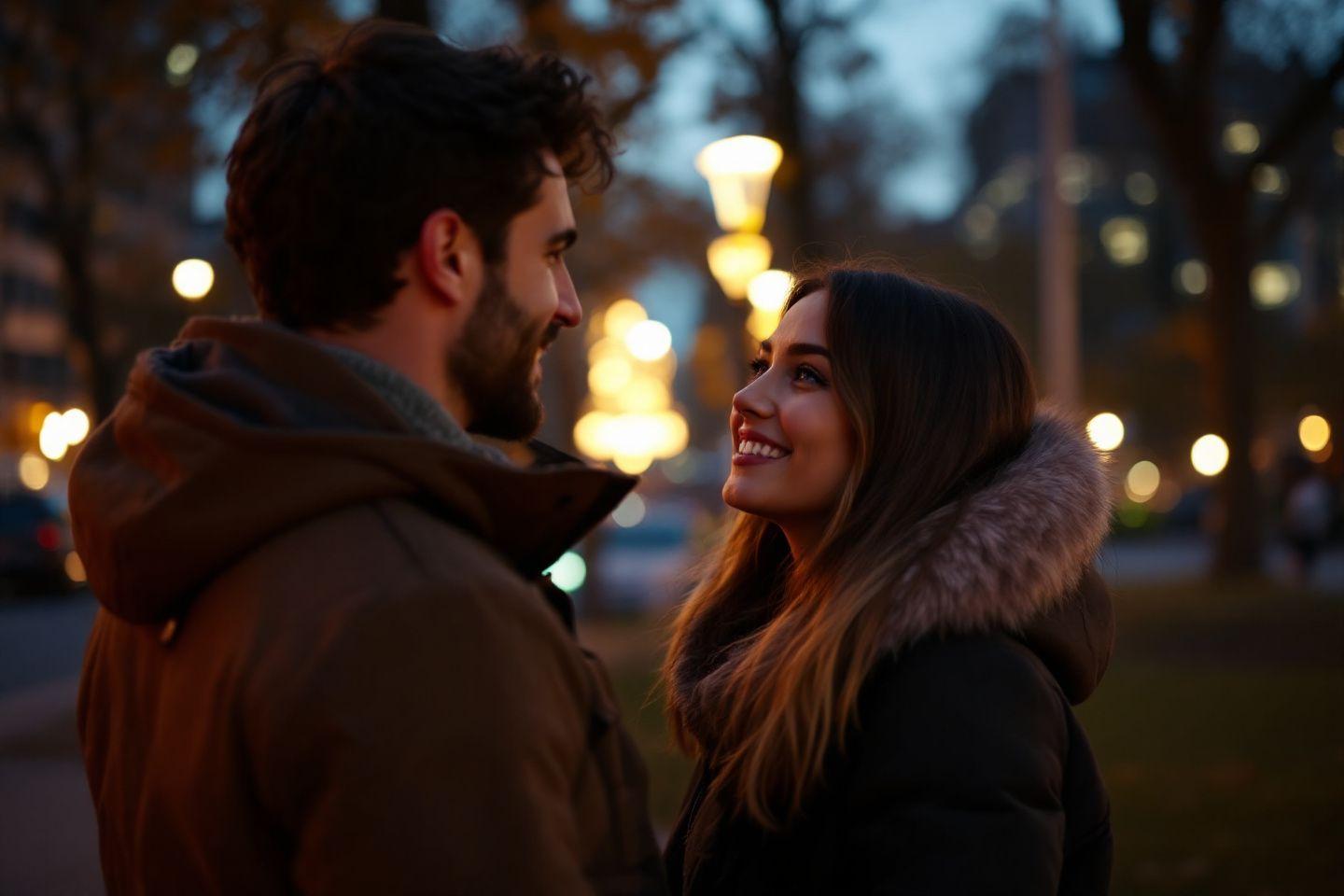 Couple souriant se regardant dans une rue &eacute;clair&eacute;e