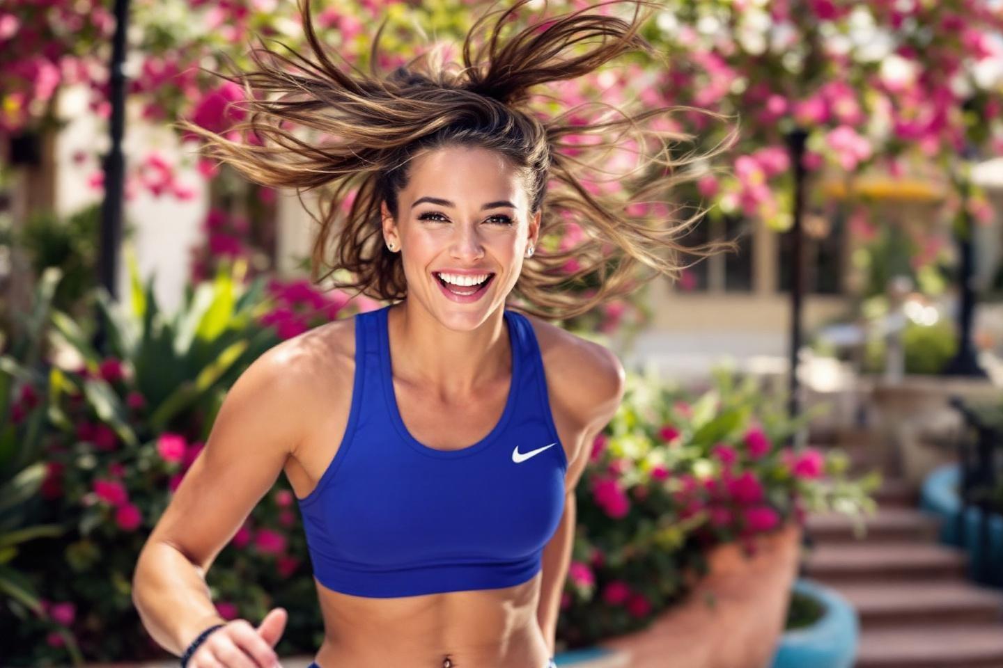 Femme sportive souriante avec des cheveux en mouvement
