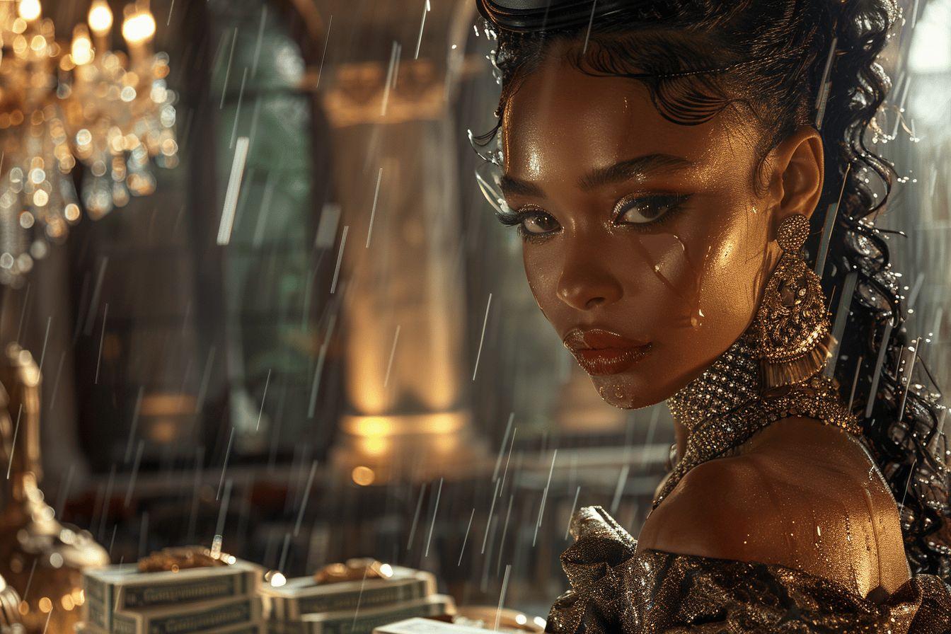 Portrait d'une femme africaine avec un maquillage dor&eacute; sous la pluie