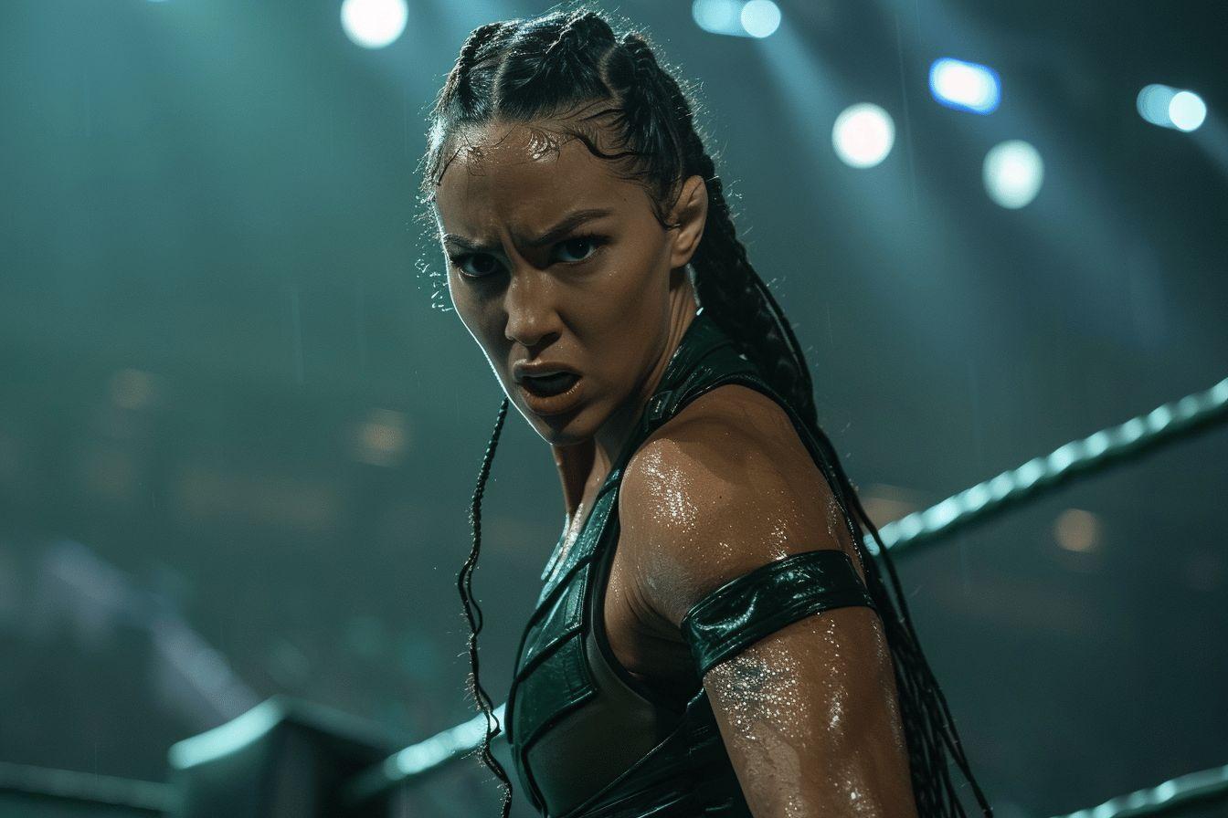 Femme athlétique aux cheveux tressés, le visage sévère et déterminé.