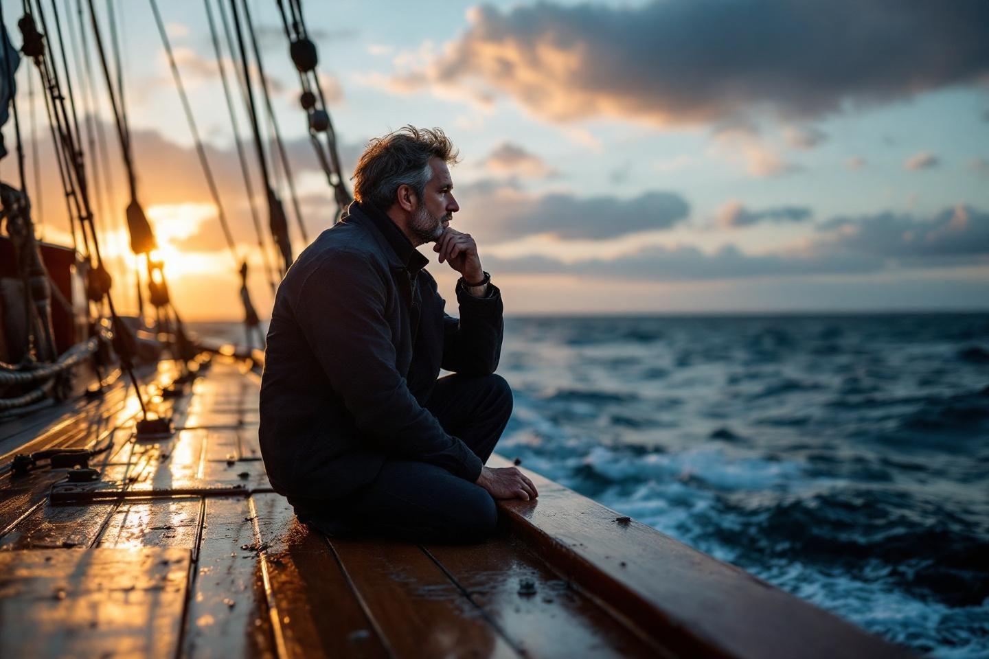Homme m&eacute;ditatif sur un voilier au coucher du soleil