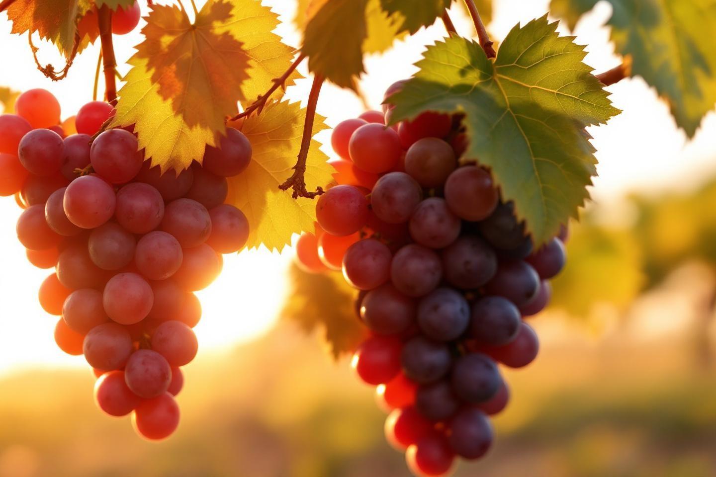 Deux grappes de raisin m&ucirc;res avec des feuilles automnales