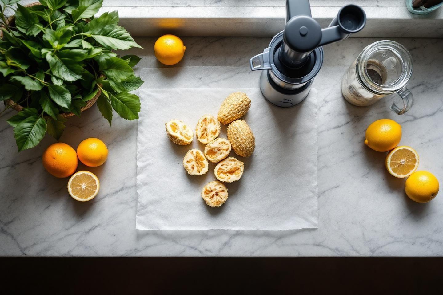 Citrons entiers et coup&eacute;s avec presse-agrumes sur marbre