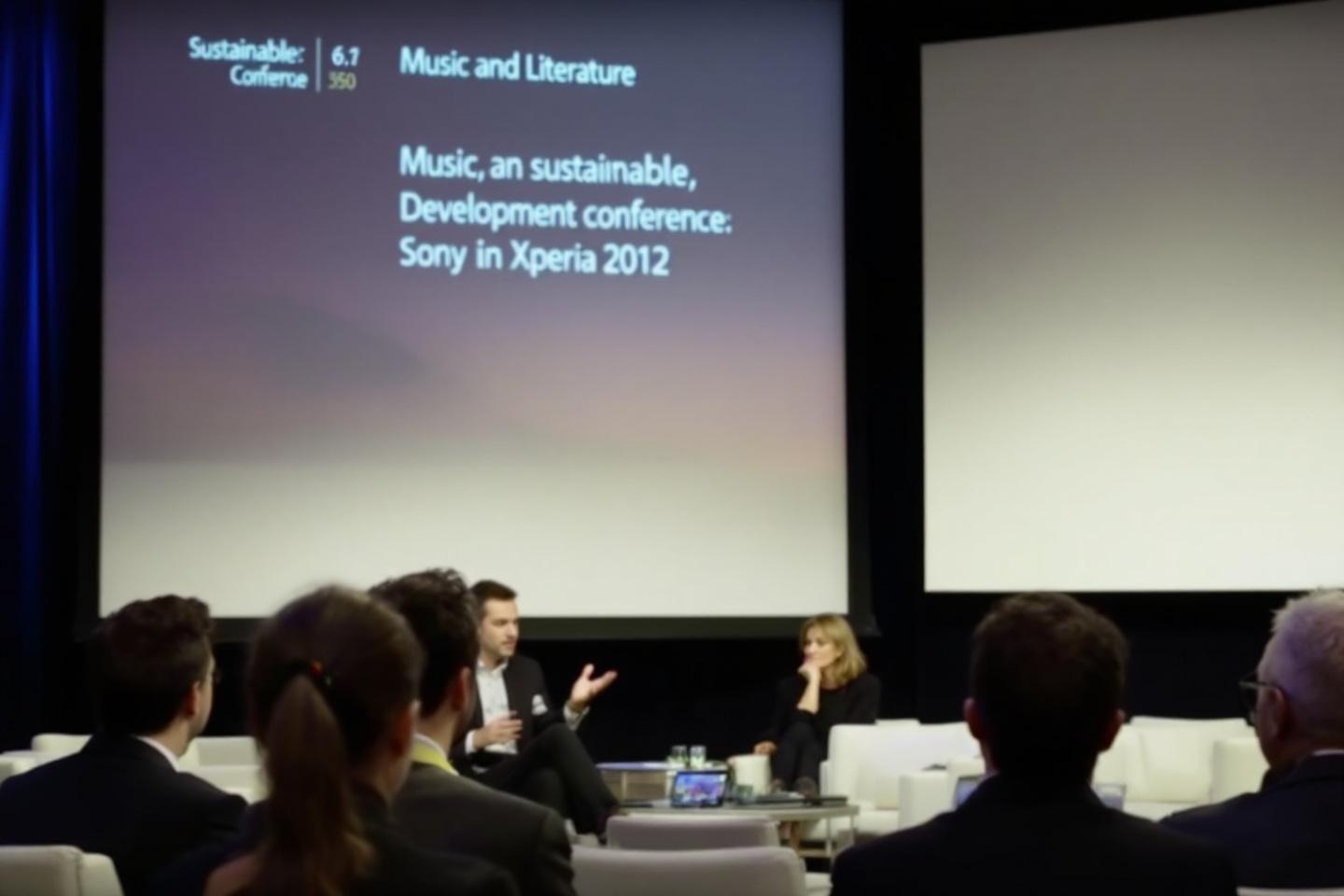 Deux intervenants sur sc&egrave;ne lors d'une conf&eacute;rence sur la musique