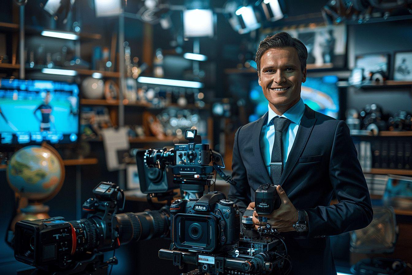 Un homme en costume avec du mat&eacute;riel de cam&eacute;ra dans un studio de t&eacute;l&eacute;vision