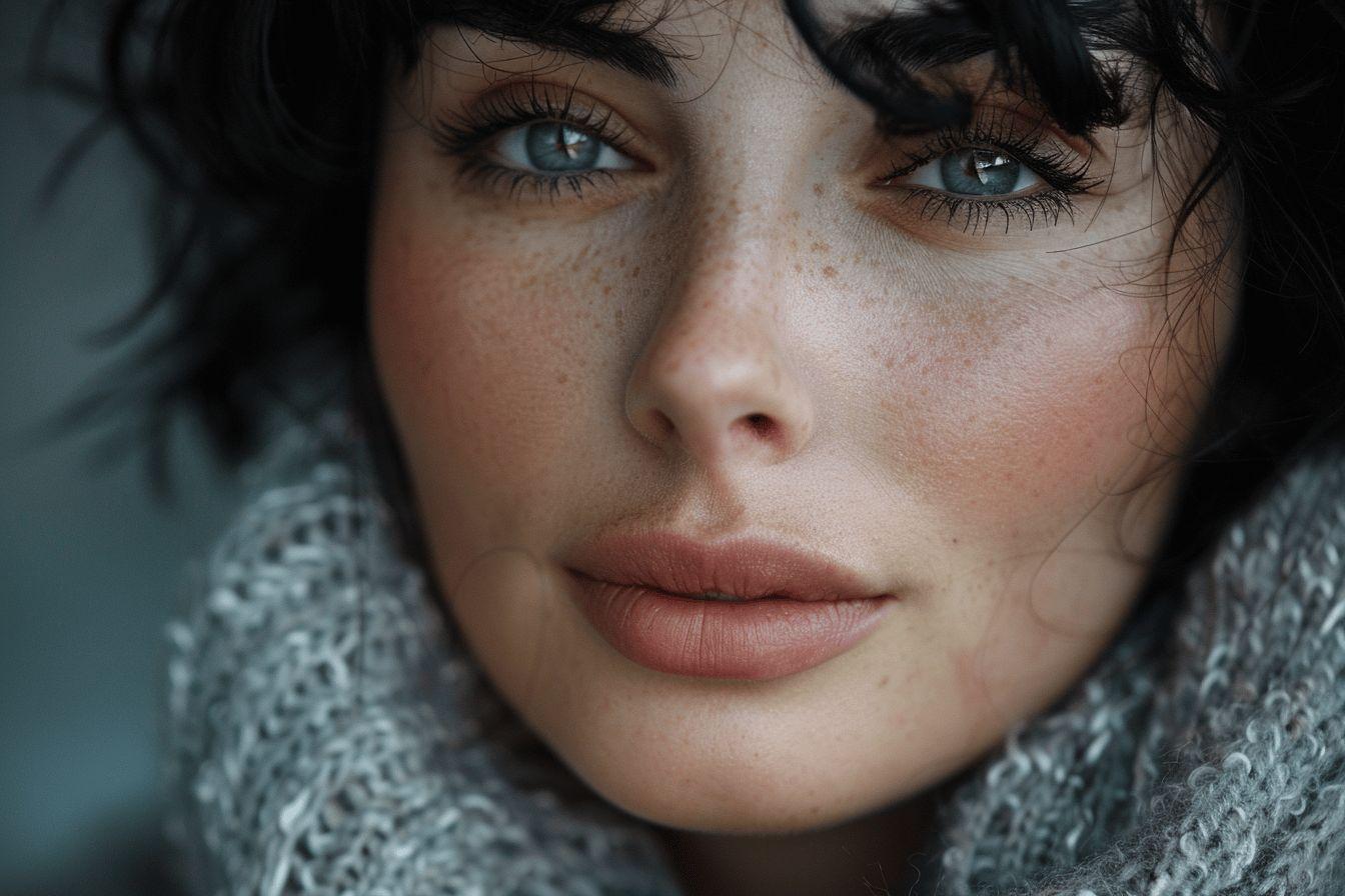 Gros plan sur le visage d'une femme aux yeux bleus et peau tachet&eacute;e