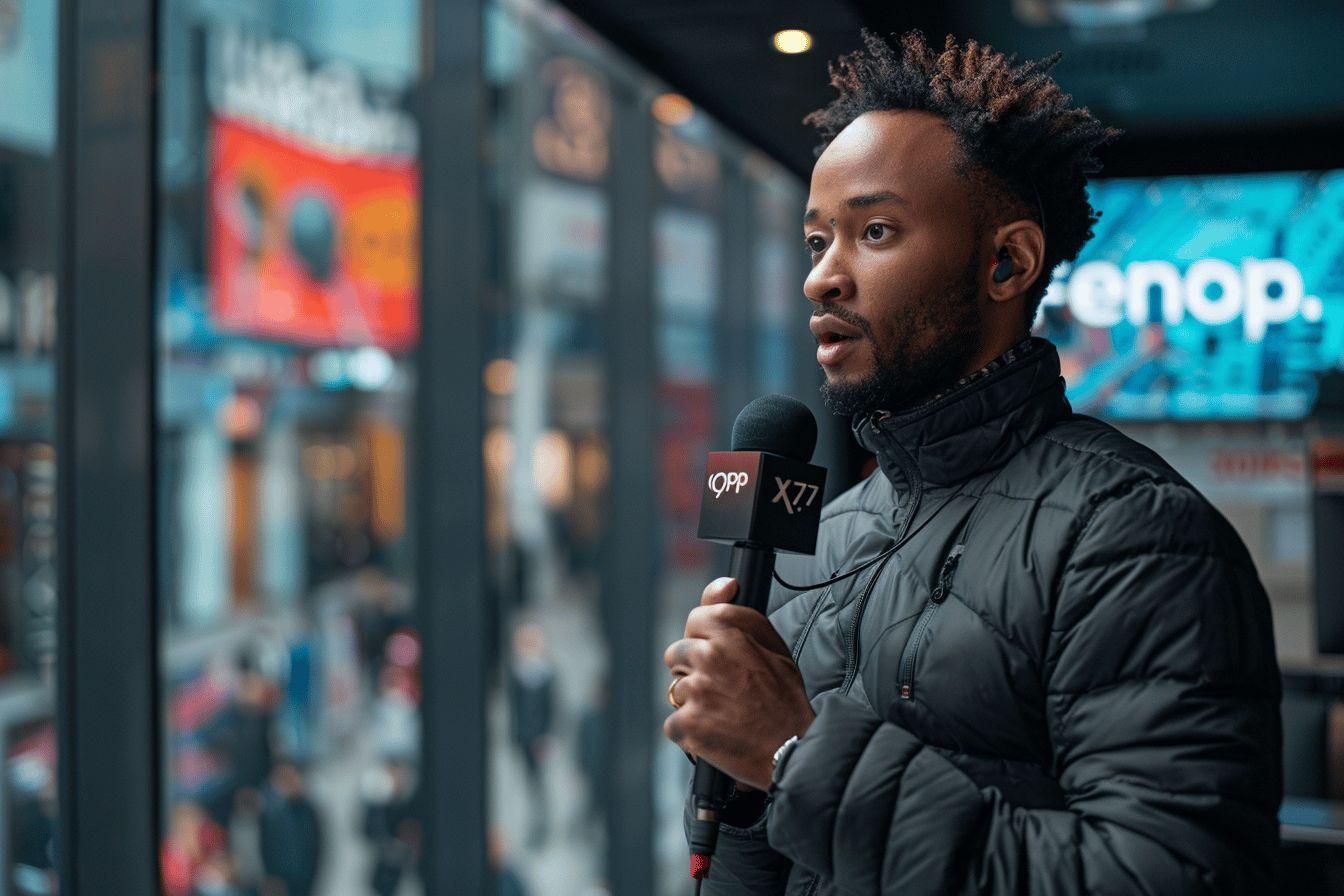 Un homme noir tenant un microphone de t&eacute;l&eacute;vision dans une ville anim&eacute;e