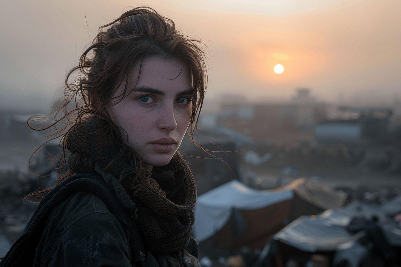 Portrait d'une femme aux cheveux boucl&eacute;s devant un paysage enneig&eacute; au coucher de soleil