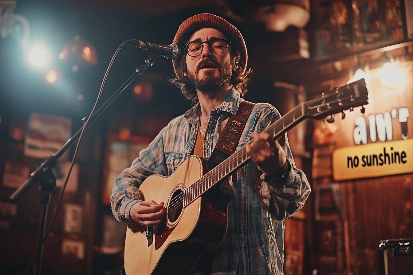 Homme &agrave; lunettes jouant de la guitare acoustique dans un bar