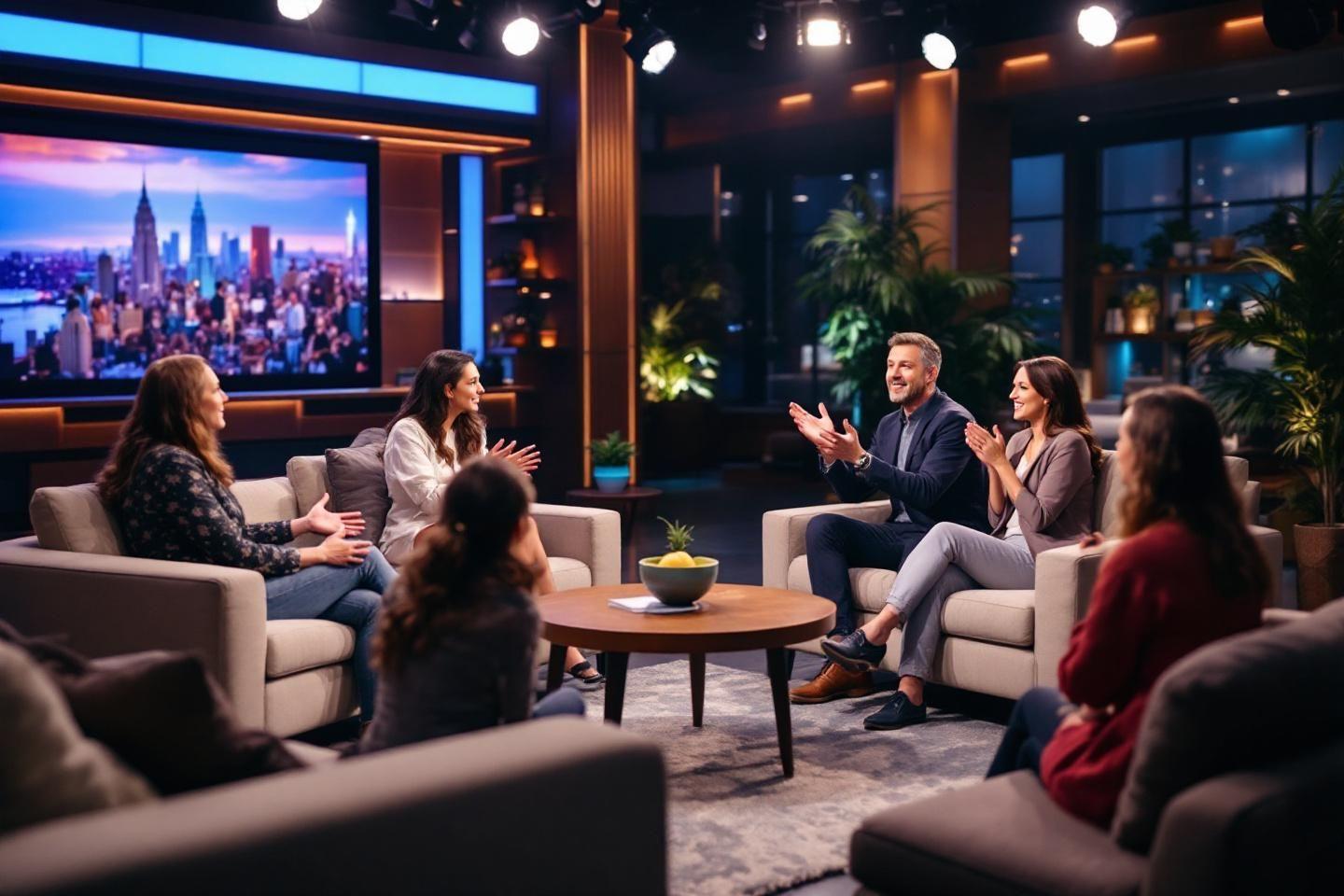 Plateau de t&eacute;l&eacute;vision avec plusieurs invit&eacute;s discutant