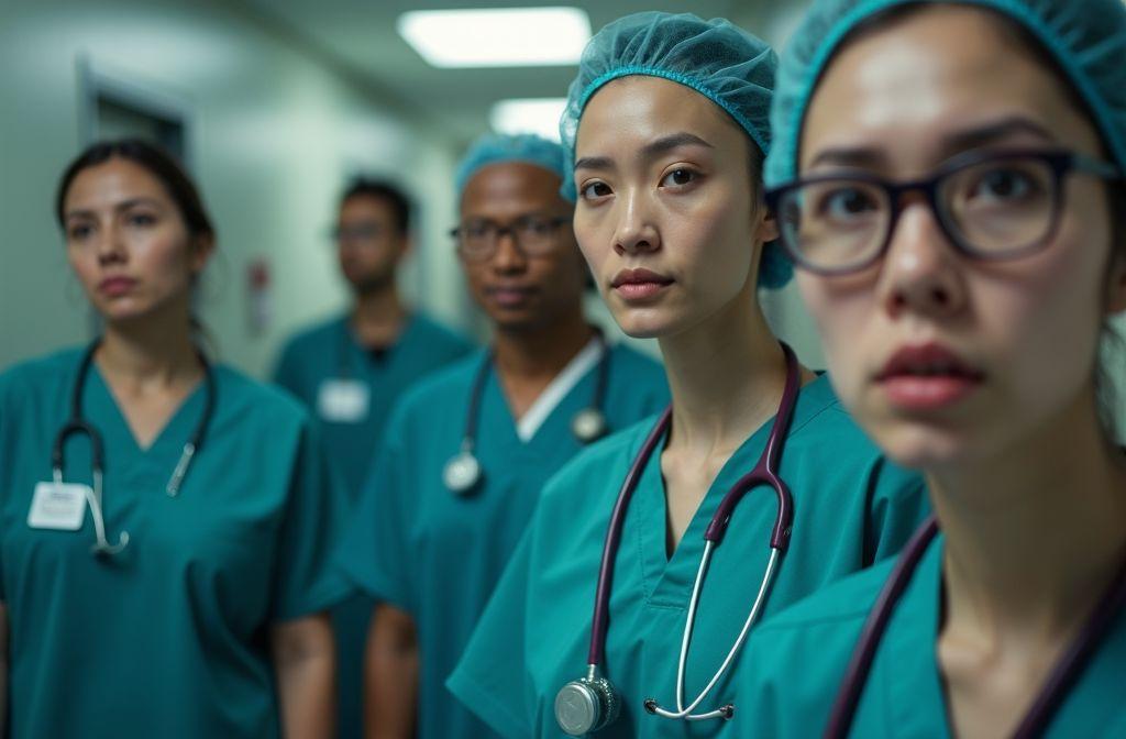 Infirmiers et m&eacute;decins en tenue verte, align&eacute;s s&eacute;rieusement