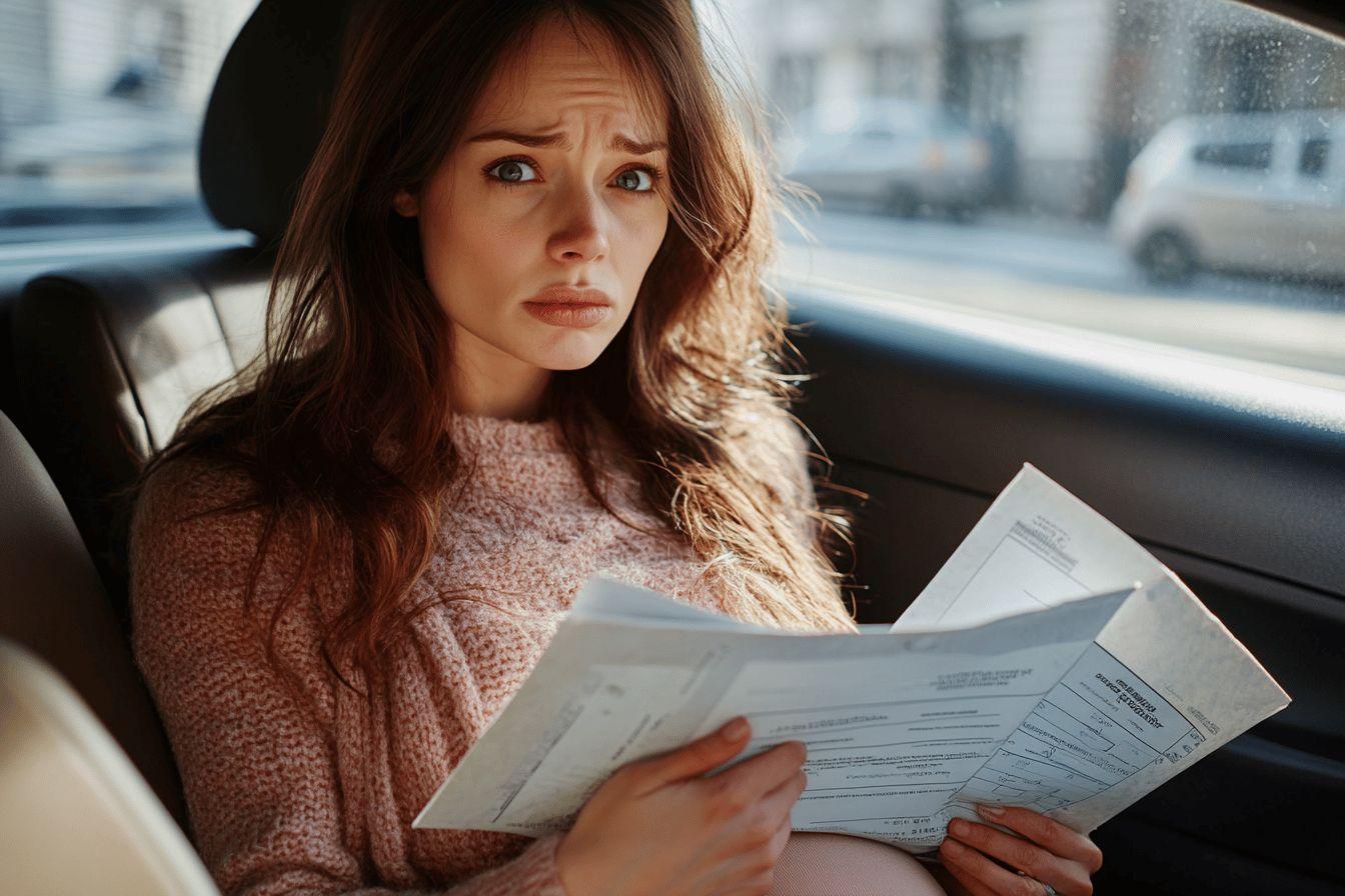 Jeune femme pr&eacute;occup&eacute;e tenant des papiers dans une voiture