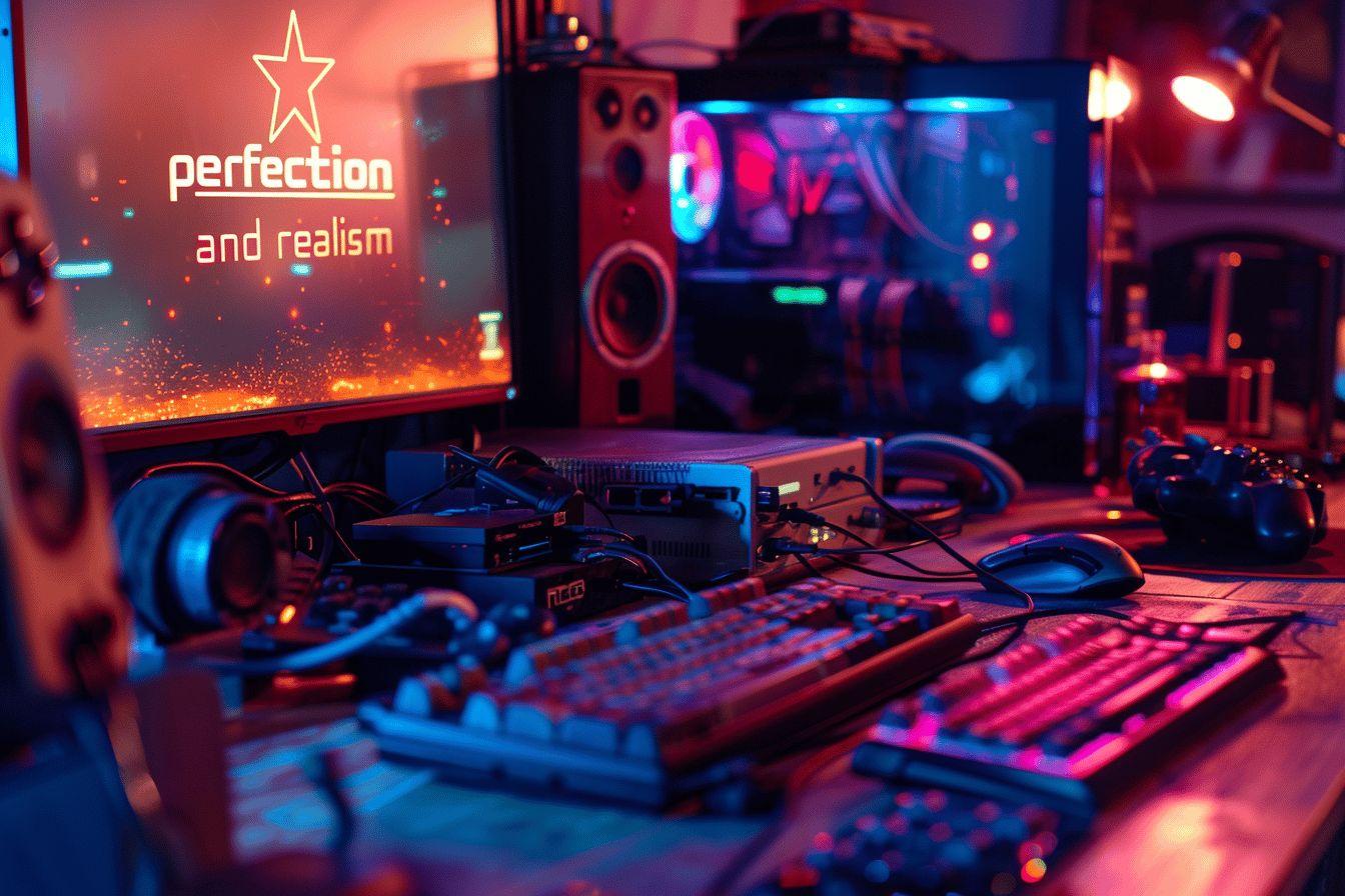 Vue d'un bureau de gaming avec des c&acirc;bles, des contr&ocirc;leurs et un affichage allum&eacute;.