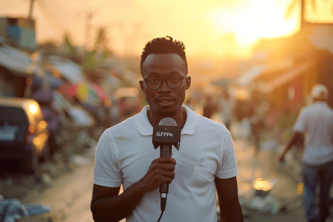 Un jeune homme noir portant des lunettes, tenant un microphone et s'entretenant devant la cam&eacute;ra au coucher du soleil.