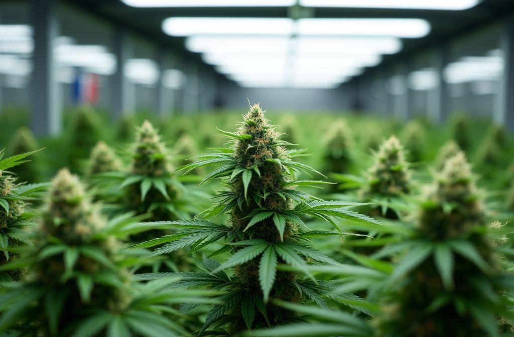 Rang&eacute;es de plants de cannabis verts sous lumi&egrave;res artificielles