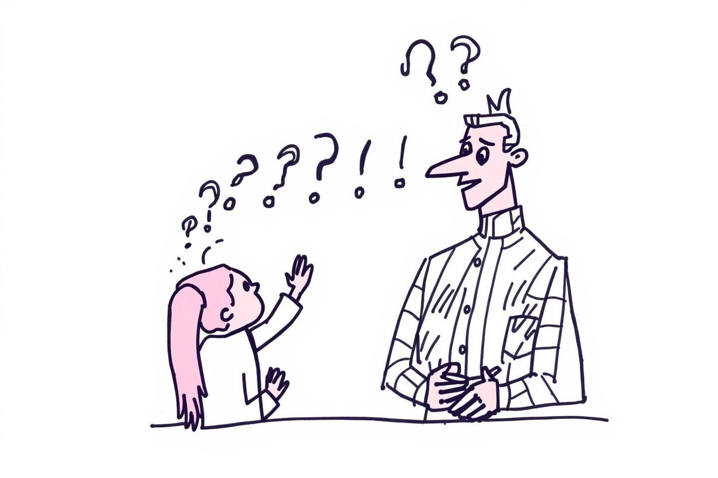 Deux personnages avec des points d'interrogation, incompr&eacute;hension mutuelle