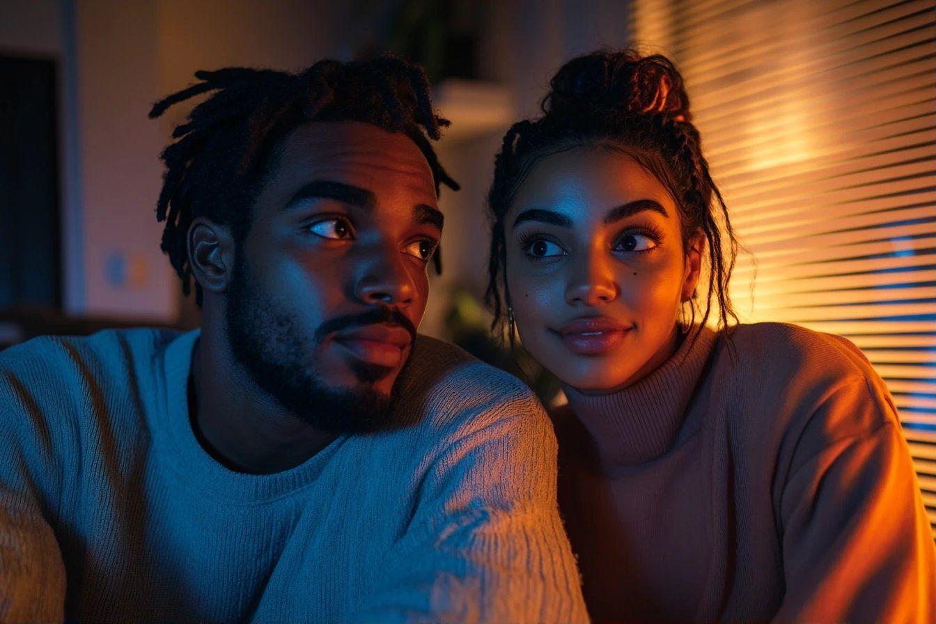 Deux personnes dans une ambiance lumineuse, regards tendres et complices