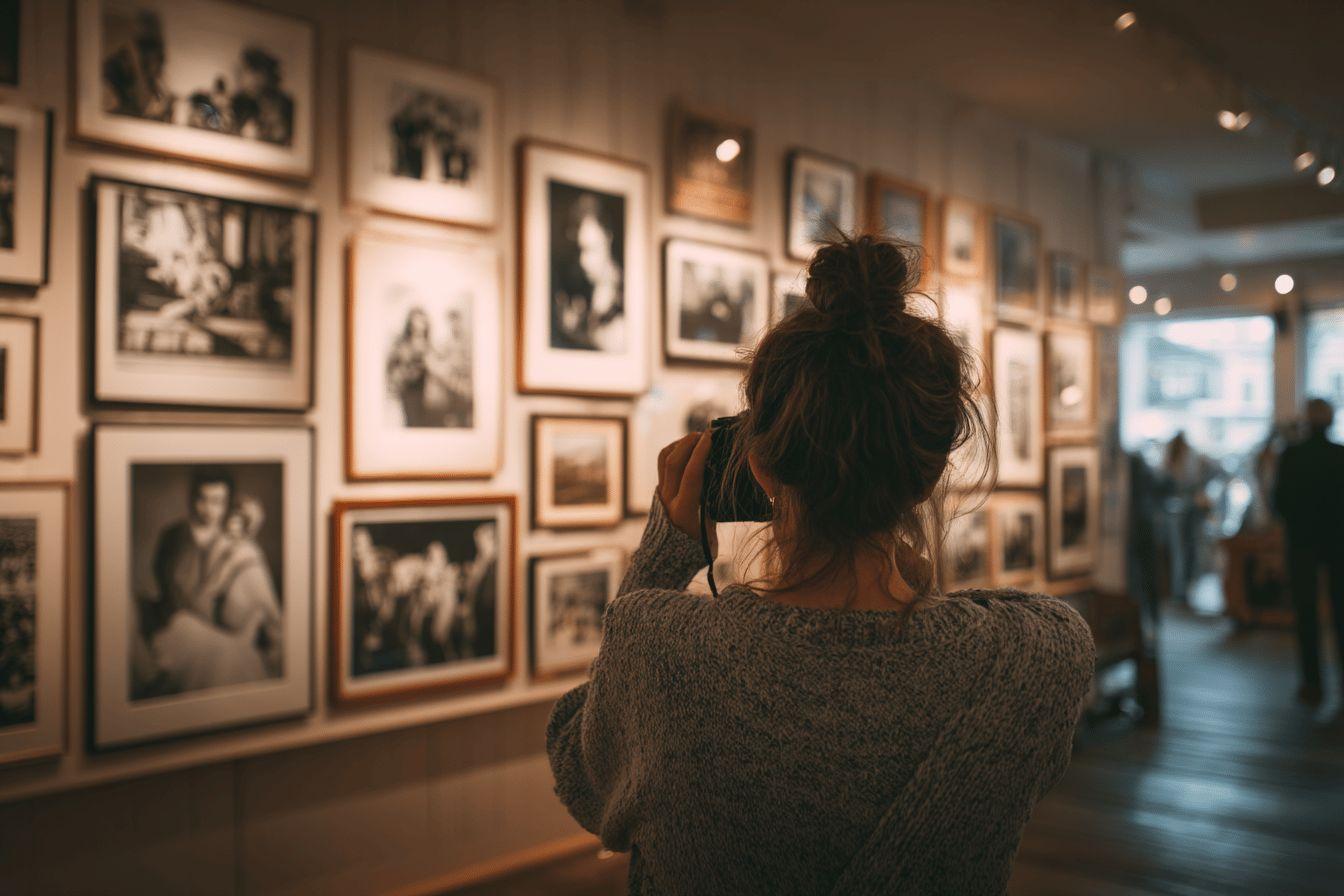Dos d'une personne observant des photographies encadr&eacute;es