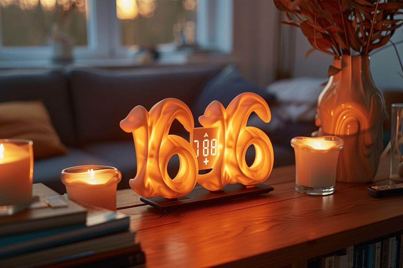 Horloge originale orange illumin&eacute;e avec bougies sur table