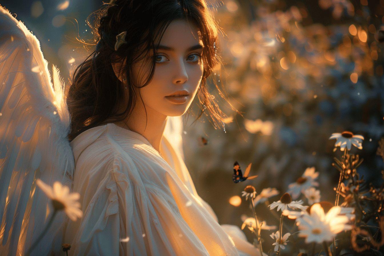 Aile blanche, lumi&egrave;re dor&eacute;e, regard pensif parmi les fleurs