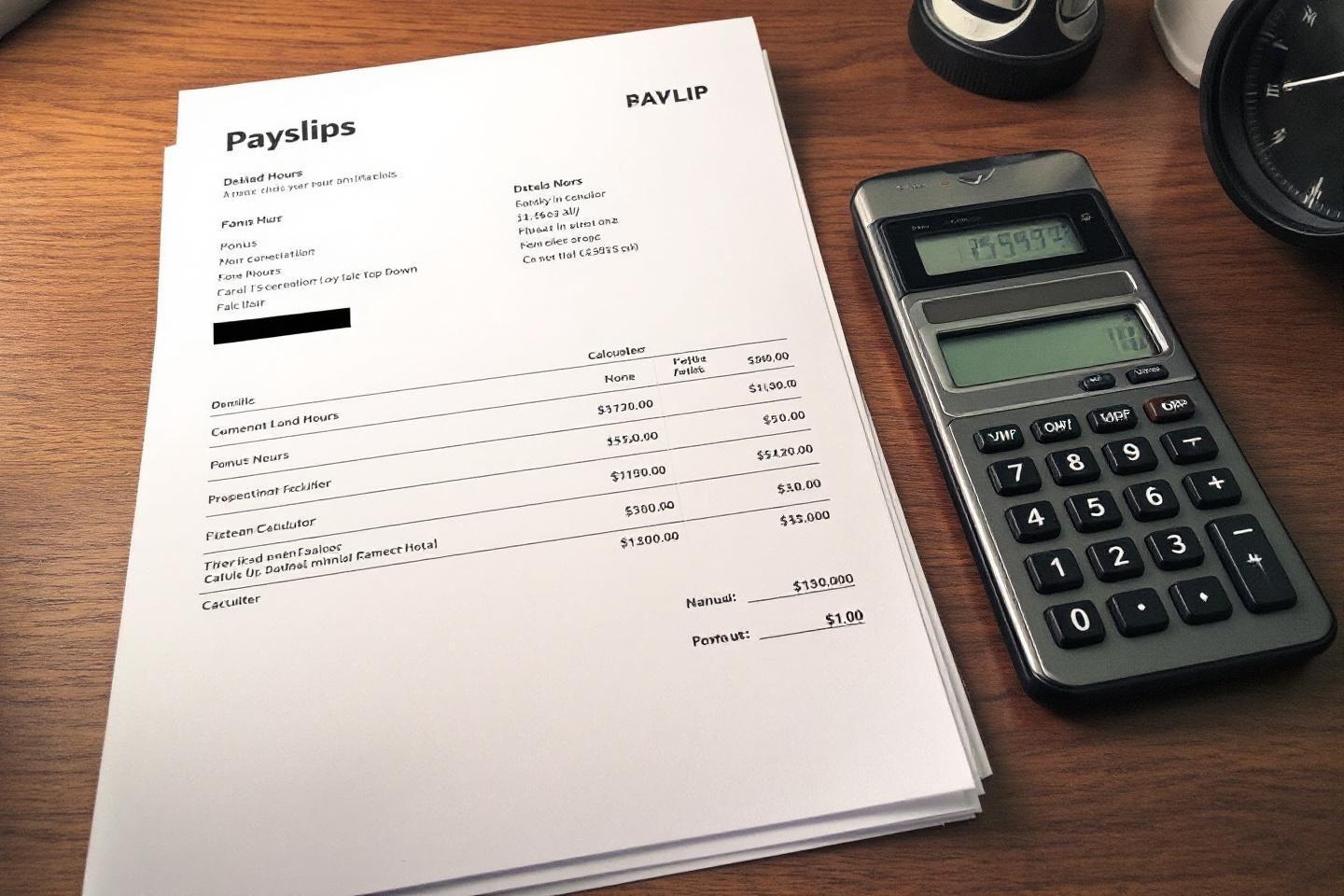 Feuille de paie pos&eacute;e pr&egrave;s d'une calculatrice sur un bureau