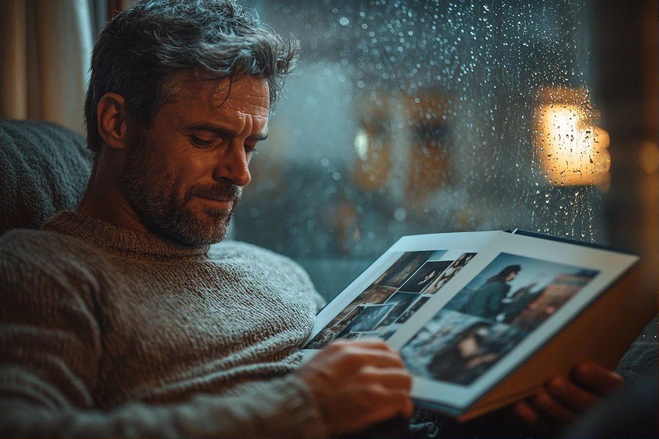 Homme regardant un album photo pr&egrave;s d'une fen&ecirc;tre pluvieuse