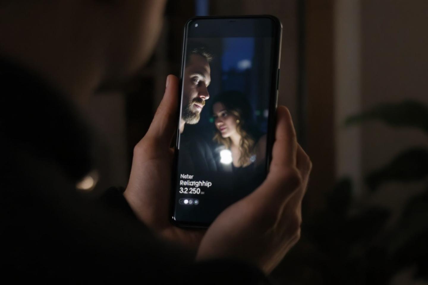 &Eacute;cran de smartphone montrant deux personnes dans une ambiance sombre